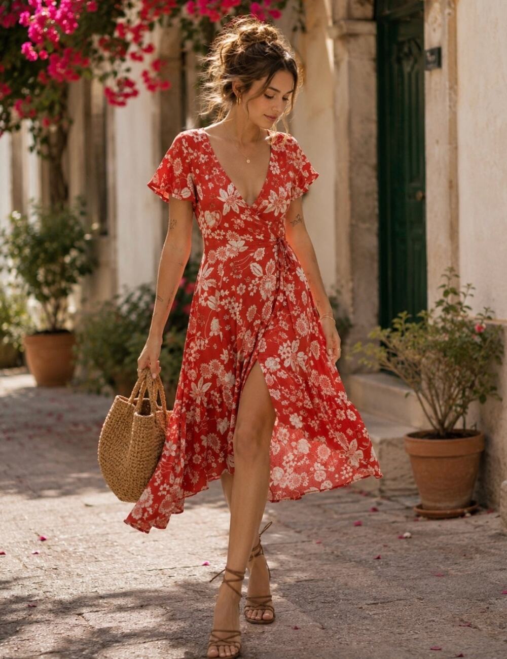 Urban Outfitters Daphne Floral Wrap Midi High-Low Dress Orange Large